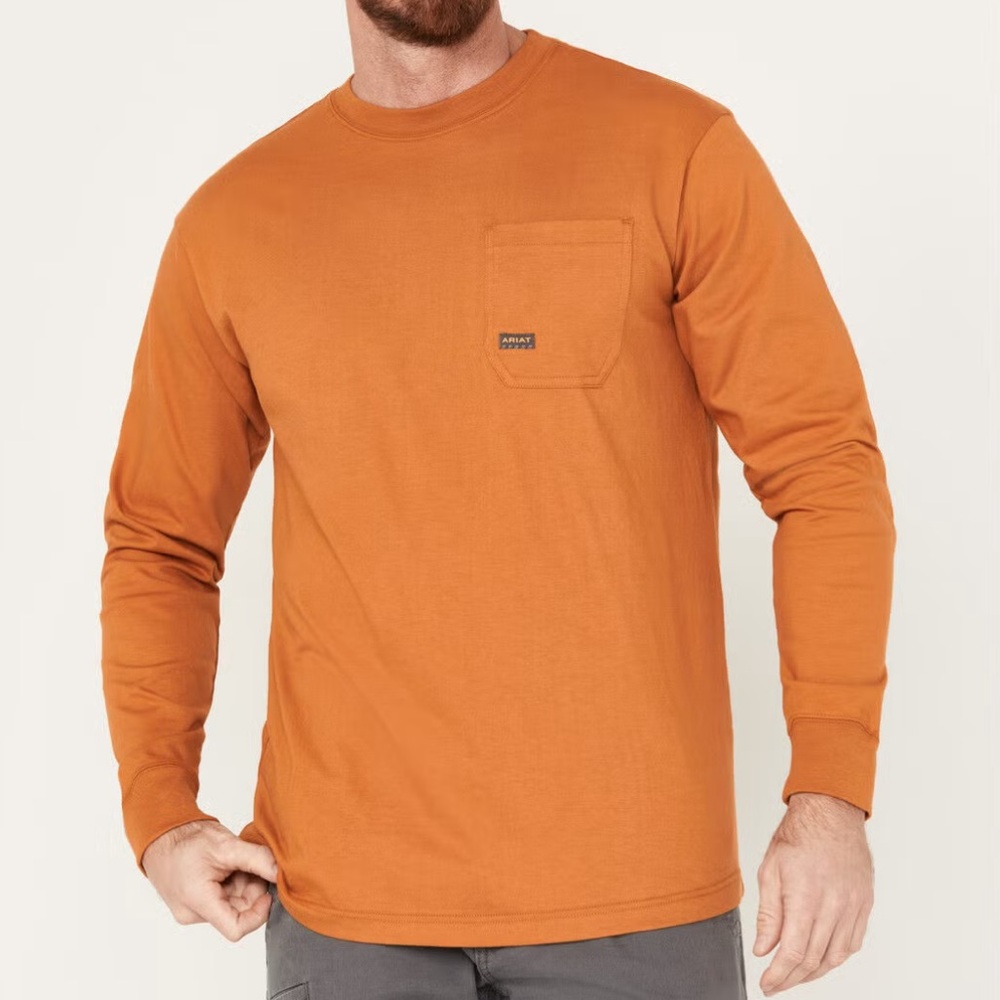 Ariat Rebar Long Sleeve Tee Men’s XL Rust Cotton Logo Casual Workwear Orange